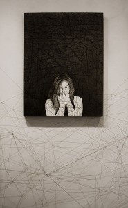 Inespéré, M.E. Santiso 2014 Crayon noir sur bois et fils noir 80 x 60 cm (x 4) Courtesy Galerie Natalia Gomendio