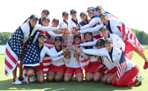 Team USA pose with the Solheim Cup Trophy